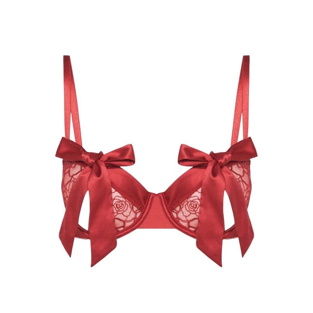 NWT Fredrick's Of Hollywood Red Satin Bow Tie Up Open Cup Bra Sz L Sexy Sultry